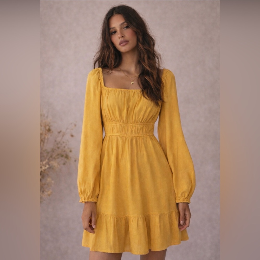 Forever 21 Mustard Square Neck Smocked Mini Dress | Size M/L